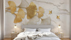 Design SL0477 — Papier peint Ginkgo dore oiseaux fond marbre — Novomur