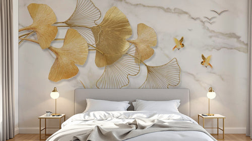 Design SL0477 — Papier peint Ginkgo dore oiseaux fond marbre — Novomur