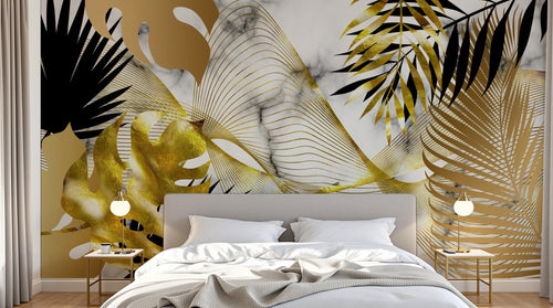 Design SL0481 — Papier peint Feuilles tropicales noir or marbre lignes — Novomur