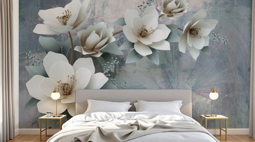 Design SL0487 — Papier peint Magnolias blancs 3D fond gris bleu — Novomur