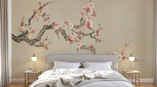 Design SL0503 — Papier peint Prunier rose pale fond beige epure — Novomur