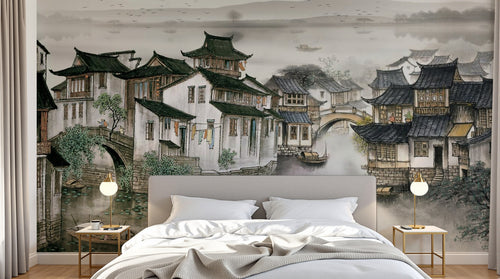 Design SL0506 — Papier peint Village chinois lac maisons toits noirs — Novomur