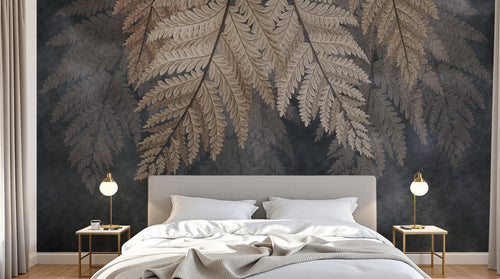 Design SL0583 — Papier peint Fougeres dorees fond gris brumeux luxe — Novomur