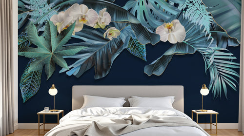 Design SL0610 — Papier peint Palmes monstera bleues orchidees fond marine — Novomur