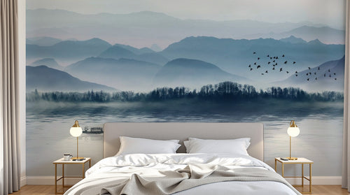Design SL0628 — Papier peint Paysage encre bleue pastel lac barque — Novomur