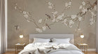 Design SL0660 — Papier peint Cerisier blanc oiseaux fond beige montagnes — Novomur