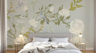 Design SL0663 — Papier peint Roses blanches branches oiseaux gris vert — Novomur