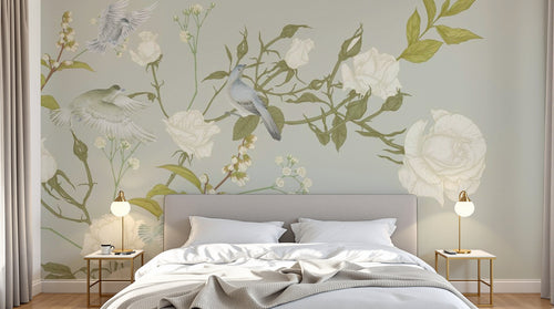 Design SL0663 — Papier peint Roses blanches branches oiseaux gris vert — Novomur