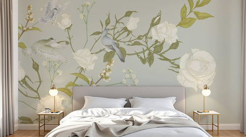 Design SL0663 — Papier peint Roses blanches branches oiseaux gris vert — Novomur