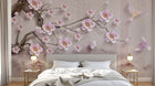 Design SL0672 — Papier peint Cerisier rose oiseaux dores relief beige — Novomur