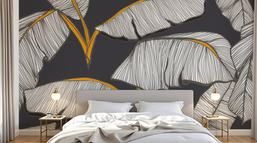 Design SL0673 — Papier peint Bananier blanc contours jaunes fond gris — Novomur