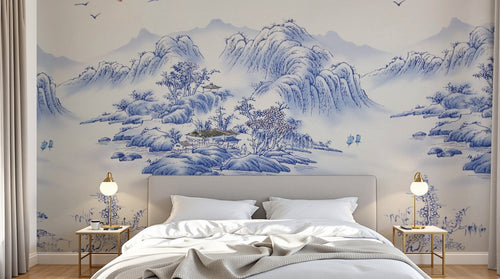 Design SL0725 — Papier peint Paysage porcelaine bleu blanc montagnes — Novomur