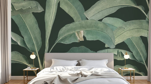 Design SL0739 — Papier peint Bananier vert pale fond vert sombre — Novomur
