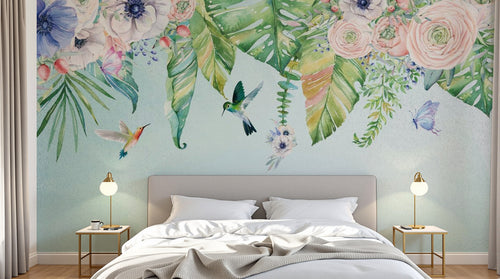 Design SL0743 — Papier peint Bouquet roses anemones colibris pastel — Novomur