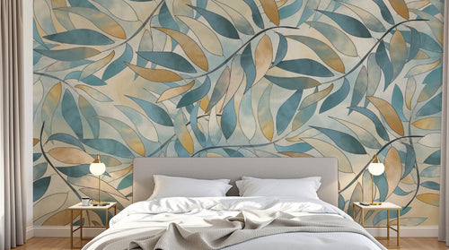Design SL0754 — Papier peint Feuilles bleues beiges vrille aquarelle — Novomur