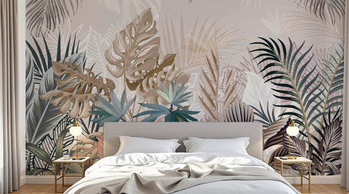 Design SL0787 — Papier peint Feuilles tropicales rose bleu beige doux — Novomur
