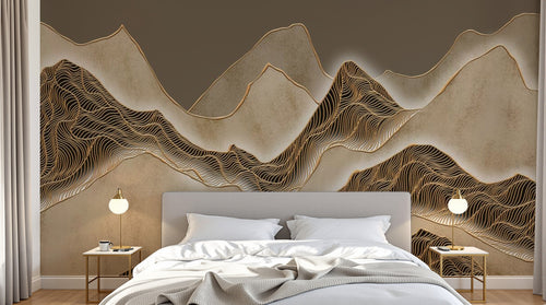 Design SL0789 — Papier peint Montagnes lignes ondulantes dorees taupe — Novomur