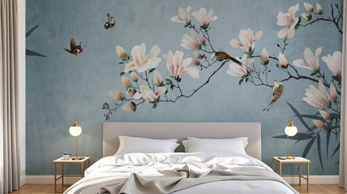 Design SL0791 — Papier peint Magnolias roses oiseaux bambou bleu pastel — Novomur