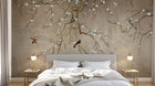 Design SL0801 — Papier peint Branches blanches oiseaux colores fond beige — Novomur
