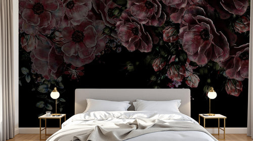 Design SL0809 — Papier peint Coquelicots rouges fond noir romantique sombre — Novomur