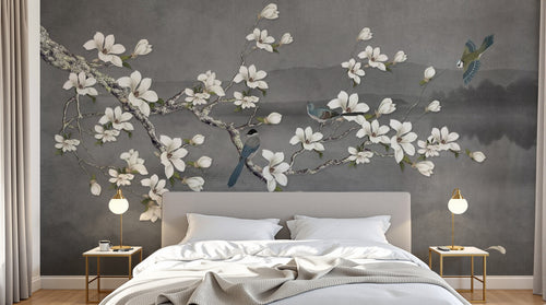 Design SL0812 — Papier peint Magnolias blancs oiseaux bleus fond gris fonce — Novomur