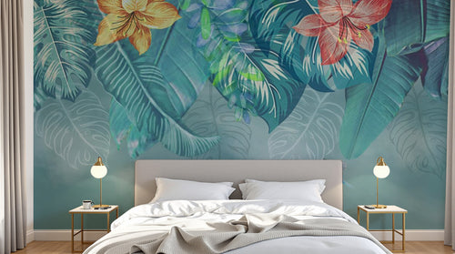 Design SL0813 — Papier peint Feuilles tropicales hibiscus aquarelle bleu — Novomur