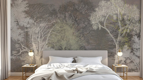 Design SL0829 — Papier peint Foret arbres gravure blanc fond taupe — Novomur