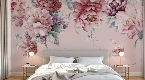 Design SL0838 — Papier peint Pivoines pourpres roses fond rose — Novomur