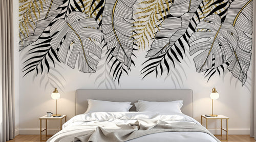 Design SL0842 — Papier peint Feuilles tropicales noir or fond blanc — Novomur
