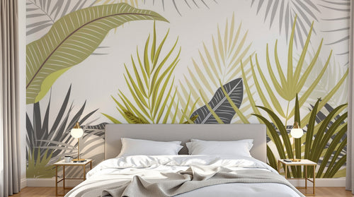 Design SL0844 — Papier peint Palmes bananiers jaune gris fond blanc — Novomur