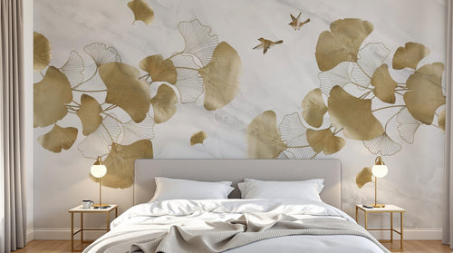 Design SL0848 — Papier peint Ginkgo dores oiseaux fond marbre — Novomur