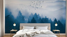 Design SL0874 — Papier peint Foret pins bleue brumeuse oiseaux — Novomur