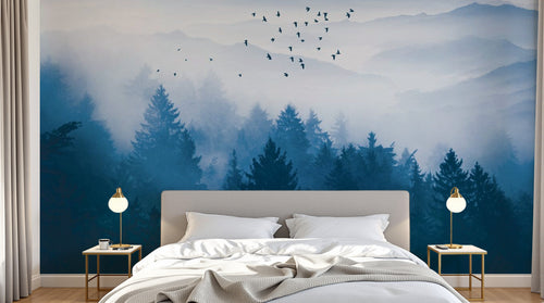 Design SL0874 — Papier peint Foret pins bleue brumeuse oiseaux — Novomur