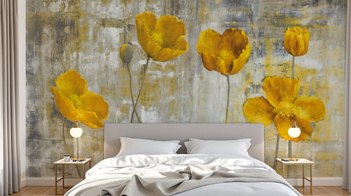 Design ZX0079 — Papier peint Coquelicots jaunes huile fond gris grunge — Novomur