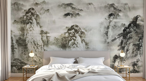 Design ZX0088 — Papier peint Paysage encre karstique barque montagnes — Novomur