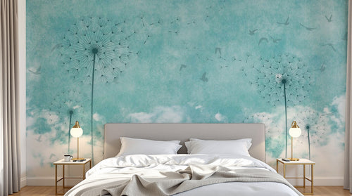 Design ZX0122 — Papier peint Pissenlits noirs ciel turquoise nuages — Novomur