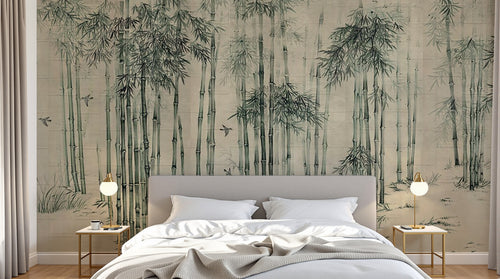 Design ZX0147 — Papier peint Foret bambous oiseaux fond beige chinois — Novomur