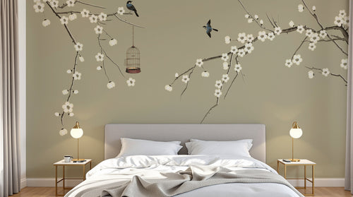 Design ZX0198 — Papier peint Branches fleuries oiseaux cage chinoiserie — Novomur