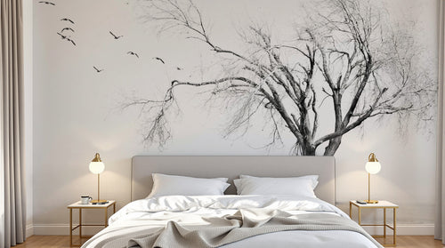 Design ZX0234 — Papier peint Arbre solitaire oiseaux hiver brume — Novomur