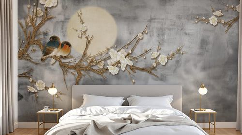 Design ZX0250 — Papier peint Branches dorees fleurs blanches lune chinois — Novomur
