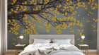 Design ZX0253 — Papier peint Ginkgo jaune branche fond bleu gris — Novomur