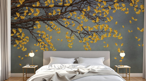 Design ZX0253 — Papier peint Ginkgo jaune branche fond bleu gris — Novomur