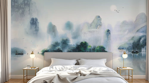 Design ZX0254 — Papier peint Paysage karstique vert lac voiliers — Novomur