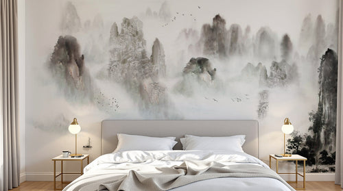 Design ZX0322 — Papier peint Paysage karstique encre noir barques — Novomur