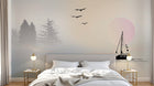 Design ZX0418 — Papier peint Voilier lac sapins coucher soleil pastel — Novomur