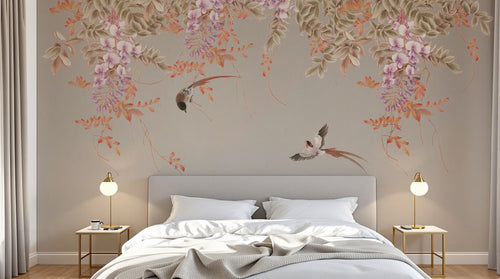 Design ZX0471 — Papier peint Glycine cascade rose oiseaux beige — Novomur