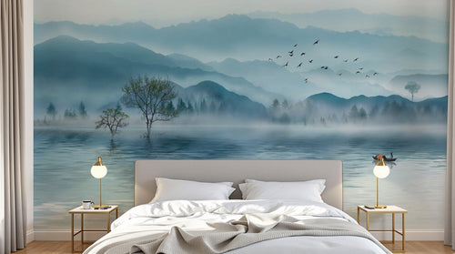 Design ZX0481 — Papier peint Paysage encre bleue lac arbres brumeux — Novomur