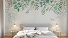Design ZX0504 — Papier peint Feuilles vert pale cascade papillons aquarelle — Novomur