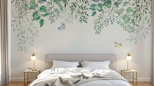 Design ZX0504 — Papier peint Feuilles vert pale cascade papillons aquarelle — Novomur