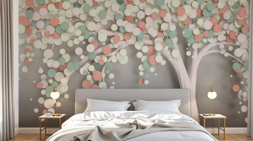 Design ZX0509 — Papier peint Arbre petites fleurs roses 3D fond gris — Novomur